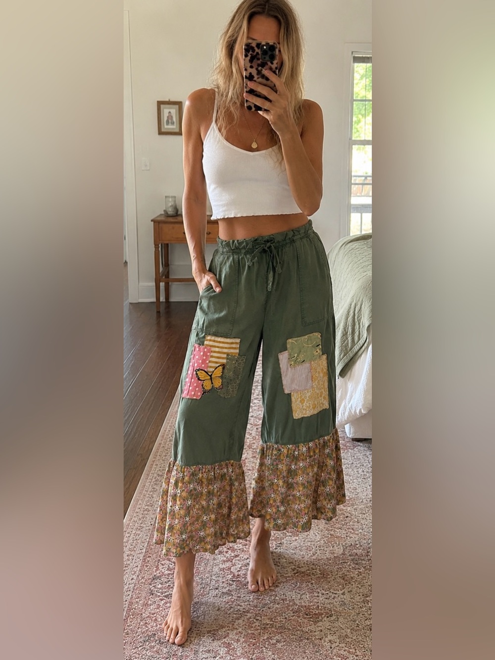 Upcycled Boho Olive Patchwork Wide-Leg Drawstring Pants